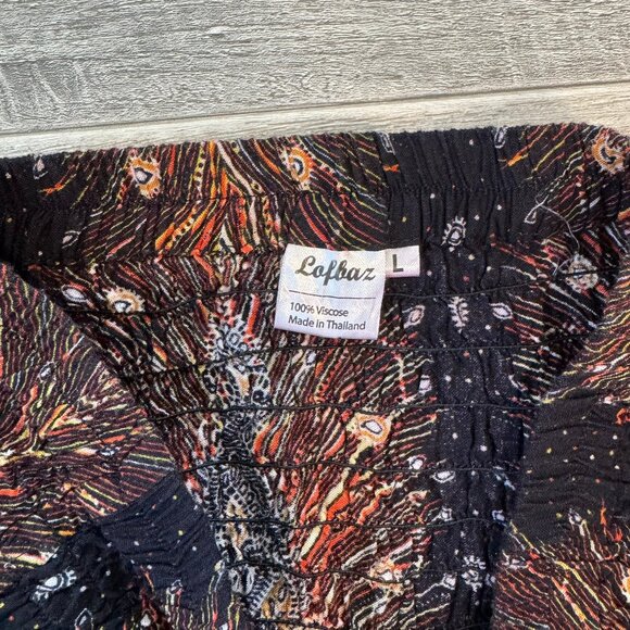 Lofbaz viscose black feather pattern harem pants smocked waist size large M34 - Picture 2 of 6